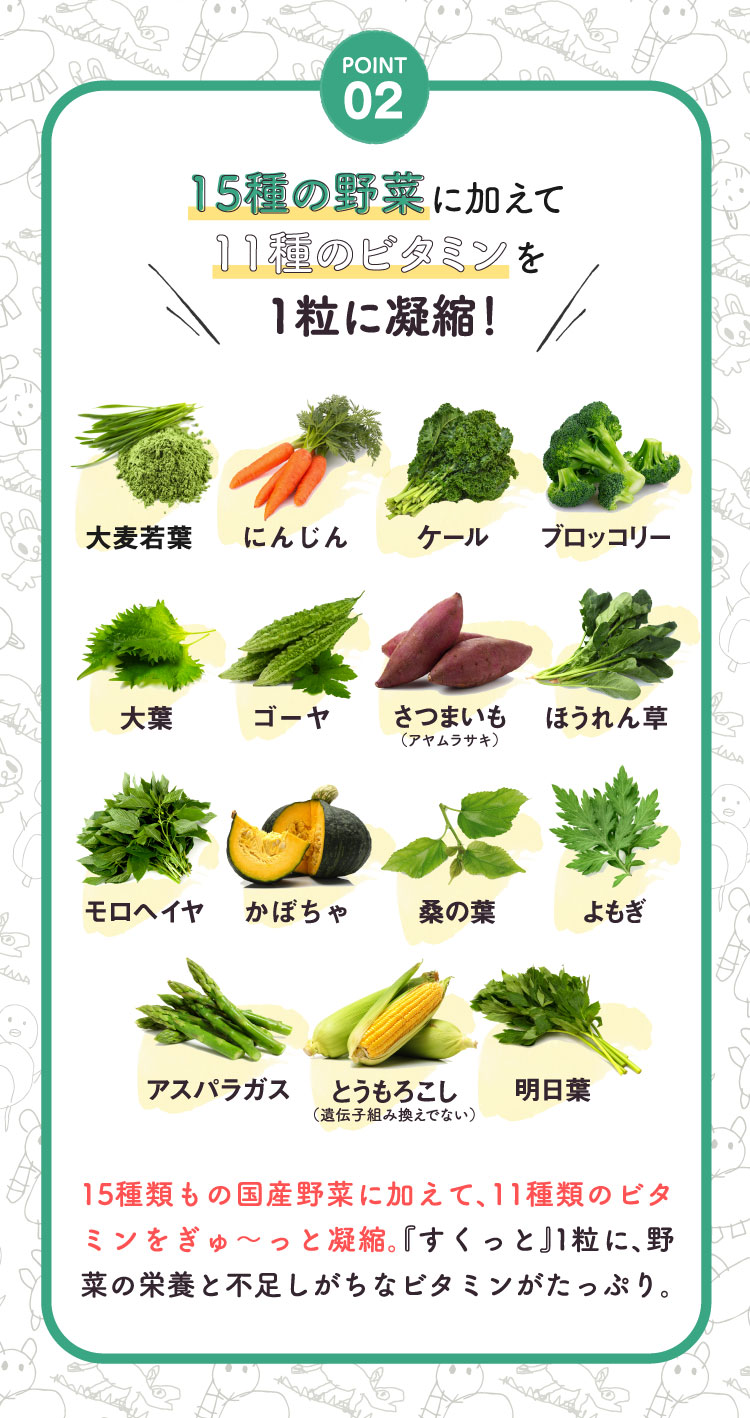 15種の野菜に加えて11種のビタミンを1粒に凝縮